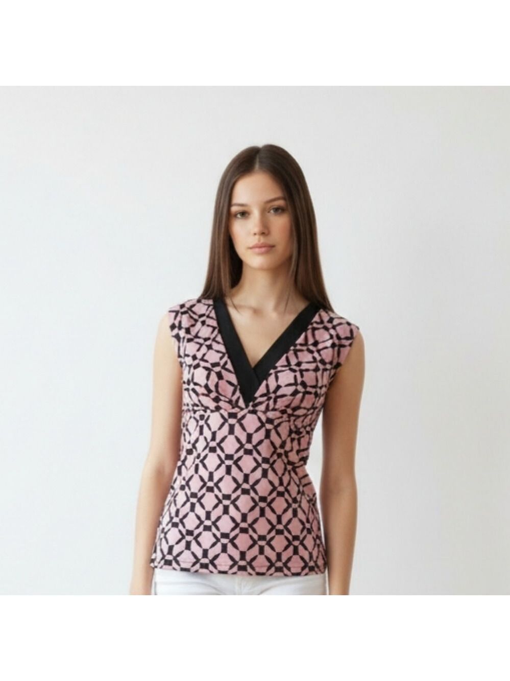 Laura top geometric pink black sleeveless V neck Work Wear